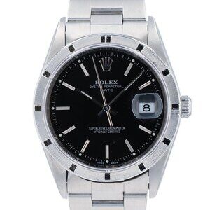 Rolex Date 15210 34mm Black Index Dial Engine-Turned Bezel Oyster Watch
